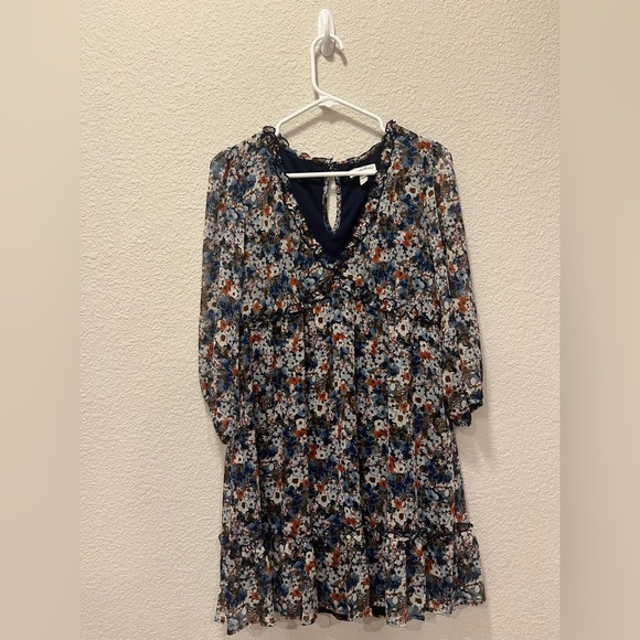 SPEECHLESS Navy Ruffled Sheer Lined Shift Dress | Size Large - Picture 3 of 3